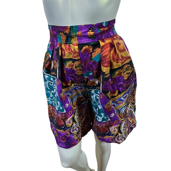 Studio New York 100% Silk Baroque Shorts High Waist Purple 90s Vintage Size S - Picture 13 of 16